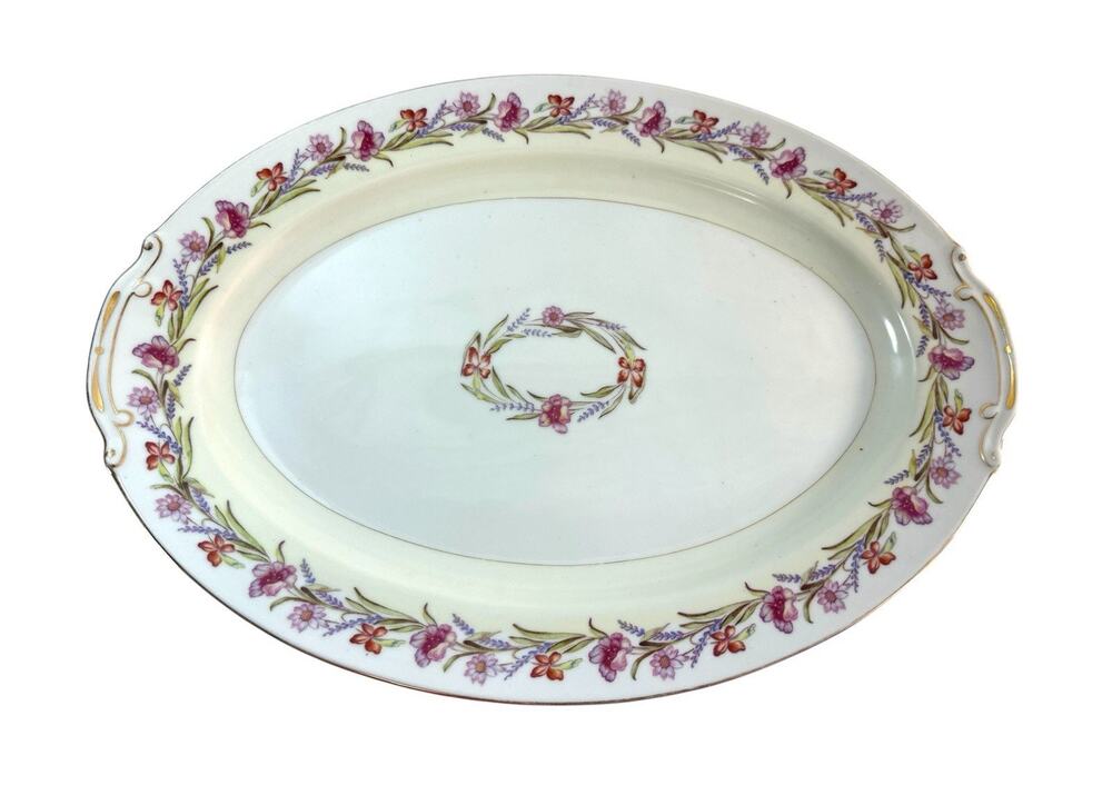 Vintage Aladdin Garland Floralton 15.5” Platter Occupied Japan Floral Gold Trim
